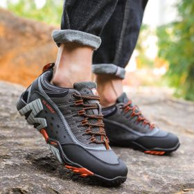 Outdoor Lover Trekking Shoes Men Waterproof Hiking Shoes Mountain Boots Genuine Leather Woodland Hunting Tactical Shoes (Color: Dark grey orange)