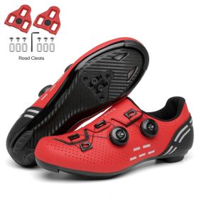 Ultralight Cycling Shoes Mtb Carbon Fiber Road Bike Boots Men Mountain Bicycle SPD Cleats Shoes Women Biking Speed Flat Sneaker (Color: red road cleats)